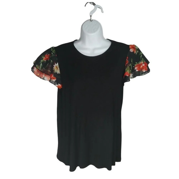 Faith and  Joy by Mondeau Top Layered Ruffle Capped Sleeves Floral Black M - Picture 1 of 8